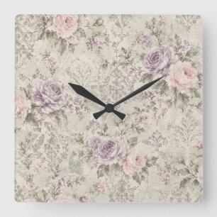Vintage Shabby Chic Rozen Vierkante Wandklok
