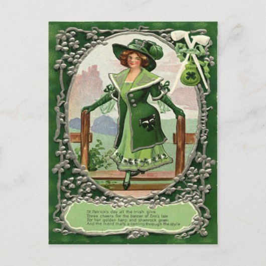 Vintage Shamrock Pijp Harp van Erin Gedicht St Pat Briefkaart (Voorkant)