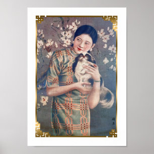 Vintage Shanghai Poster Ad Woman Papillon Dog 