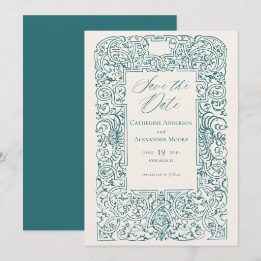 Vintage Sieraad Frame Turquoise Bruiloft Save The Date (Voorkant / Achterkant)