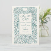 Vintage Sieraad Frame Turquoise Bruiloft Save The Date (Staand voorkant)