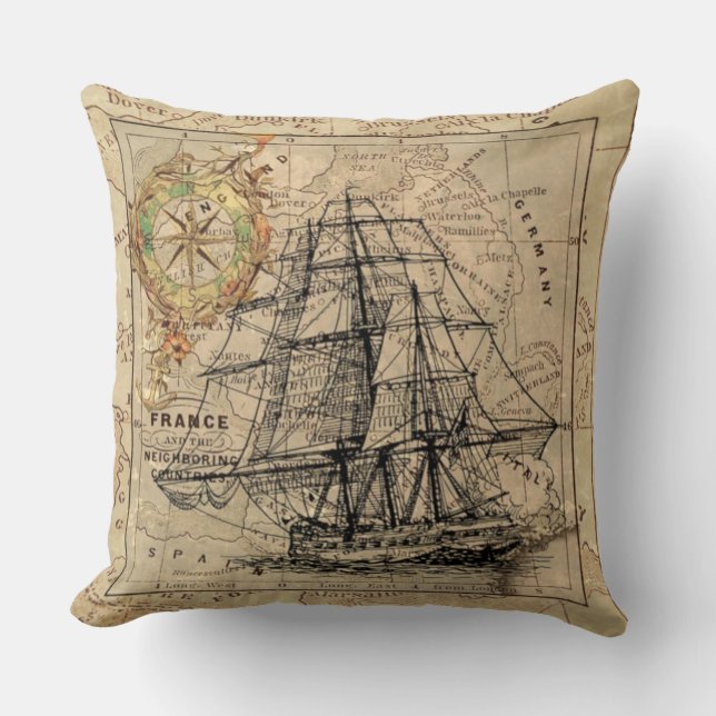 Vintage sierkussen met zeekaart (Voorkant)