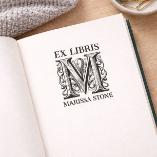 Vintage Sierlijk Monogram Letter M Boek Ex Libris Rubberstempel