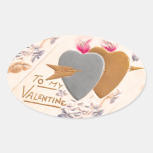 Vintage Silver & Gold Hearts Valentijn Briefkaart Ovale Sticker