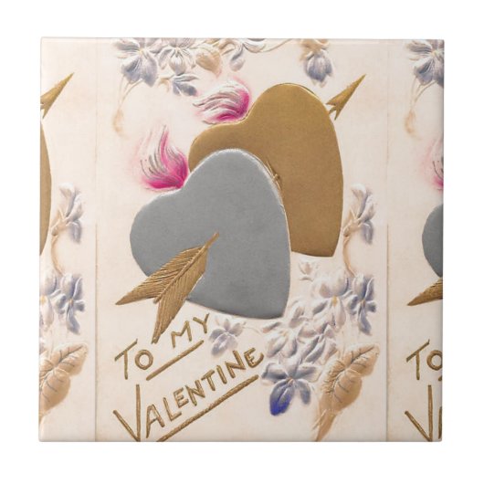 Vintage Silver & Gold Hearts Valentijn Briefkaart Tegeltje (Voorkant)
