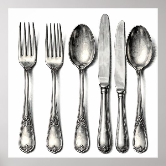 Vintage Silverware Ornate Flatware Kitchen Poster (Voorkant)