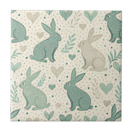 Vintage Simple Bunny Silhouettes Hearts Pattern Tegeltje