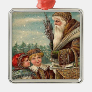 Vintage Sint Nicolaas en Kinderen Vierkant Ornamen Metalen Ornament