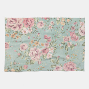 Vintage sjofel elegant bloemen blauwgroen girly theedoek
