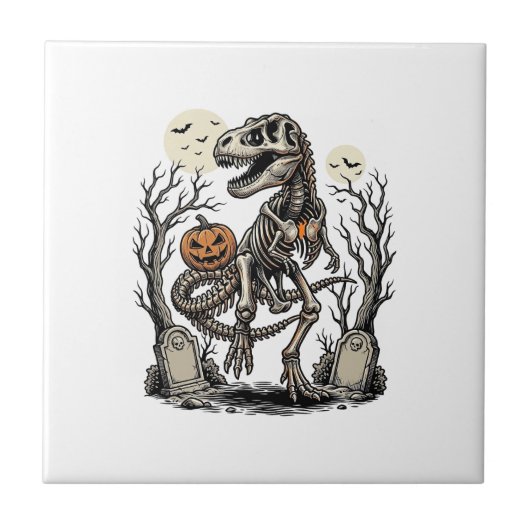 Vintage skelet dinosaurus Halloween kerkhof ontwer Tegeltje (Voorkant)