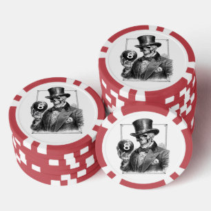 Vintage skelet met hoge hoed en 8-Bal Poker Chips