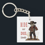Vintage Skeleton Cowboy Ride or Die Western Art Sleutelhanger<br><div class="desc">Elevate your home decor or personal style with the "Ride or Die... Literally" skeleton cowboy illustration from AmazingEG Studio. This premium design captures the essence of the old frontier with a humorous and gothic twist, making it an ideal choice for anyone looking to add personality and a vintage touch to...</div>