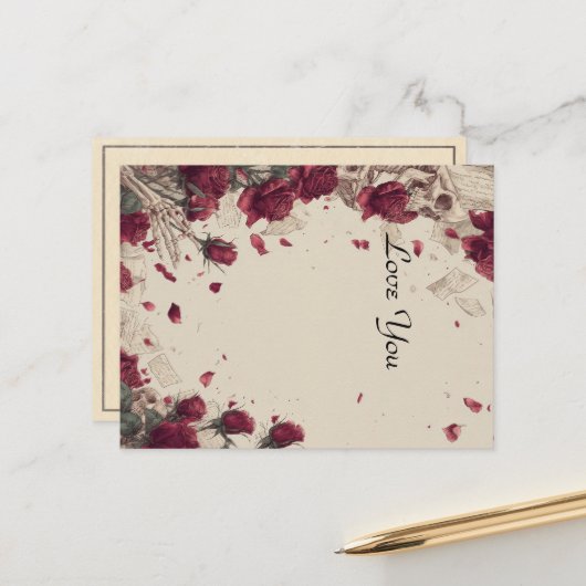 Vintage Skeleton Skull Love Red Rose Collage Briefkaart (Voorkant / Achterkant in situ)