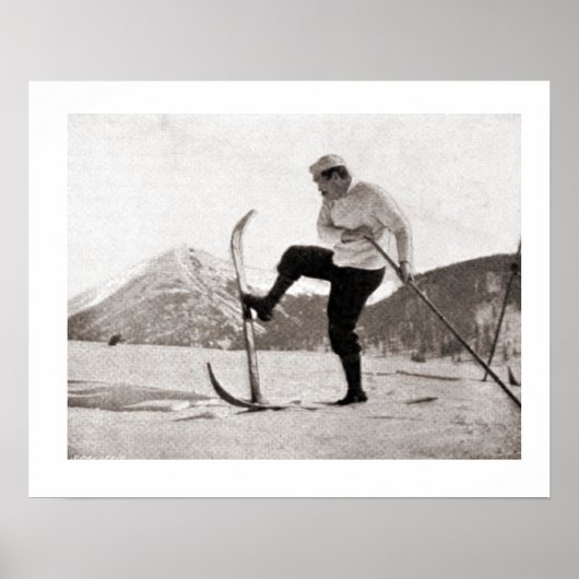 Vintage ski iamge, Wooden skis, single pole Poster (Voorkant)