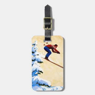 Vintage Ski Poster, Ski jumper en dennenbomen Bagagelabel