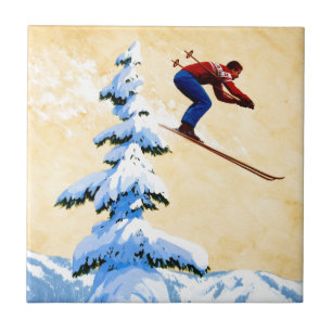 Vintage Ski Poster, Ski jumper en dennenbomen Tegeltje