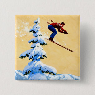 Vintage Ski Poster, Ski jumper en dennenbomen Vierkante Button 5,1 Cm