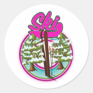 vintage ski roze logo ronde sticker