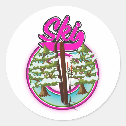 vintage ski roze logo ronde sticker (Voorkant)