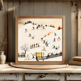 Vintage Skiers Art, Winter Landscape Painting Poster
