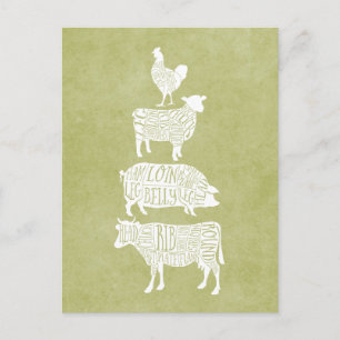 Vintage Slager Vlees Snij Cow Varken Kip Kunst Briefkaart