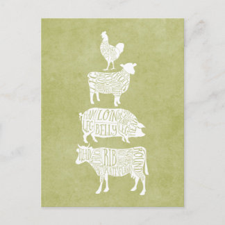 Vintage Slager Vlees Snij Cow Varken Kip Kunst Briefkaart