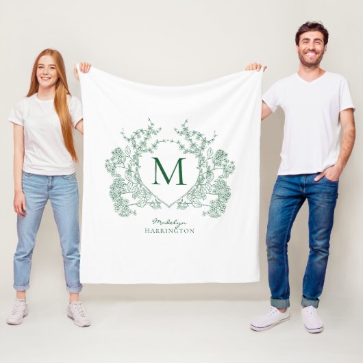 Vintage Smaragdgroene Bloemenkroon Monogram Fleece Deken (In situ)