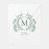 Vintage Smaragdgroene Bloemenkroon Monogram Fleece Deken (Voorkant)