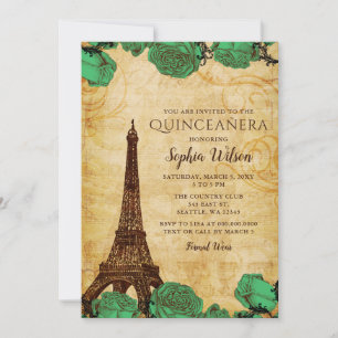 Vintage Smaragdgroene Rozen Eiffeltoren Quinceañer Kaart
