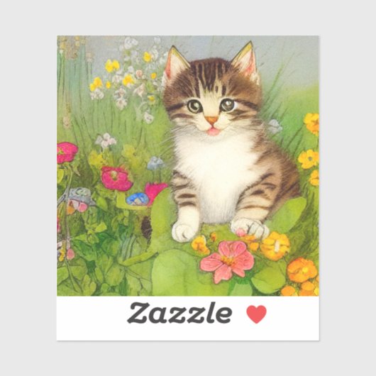 Vintage Smiling Cat Illustration Sticker (Vel)