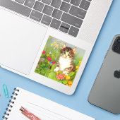Vintage Smiling Cat Illustration Sticker (Laptop met iPhone)