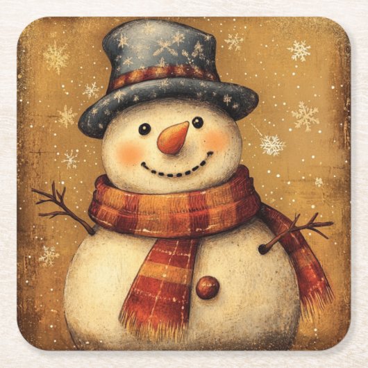 Vintage Sneeuwman Kerst Onderzetter (Voorkant)