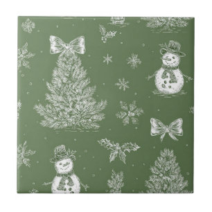 Vintage Sneeuwman Kerst Toile Salie Groen Wit Tegeltje