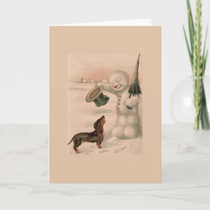 Vintage - Snowman Greets a Dachshund Feestdagen Kaart