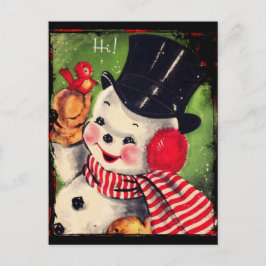Vintage Snowman met een rode vogel Briefkaart