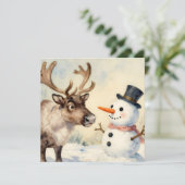 Vintage Snowman & Reindeer Personalized Christmas Feestdagenkaart (Staand voorkant)