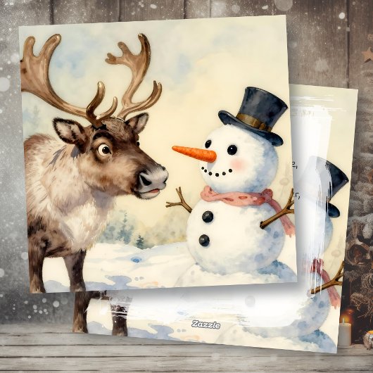Vintage Snowman & Reindeer Personalized Christmas Feestdagenkaart