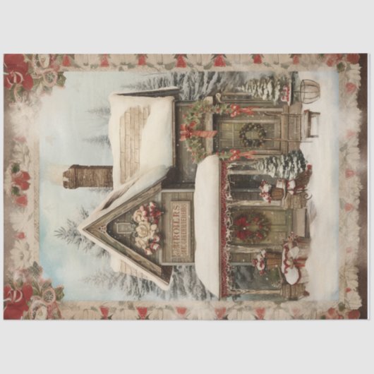 Vintage Snowy Christmas Cottage Holiday Decoupage Tissuepapier (Voorkant)