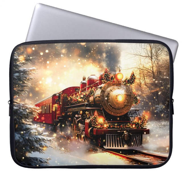 Vintage Snowy Night Christmas Train Express Laptop Sleeve (Voorkant)