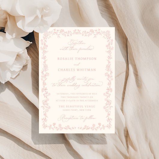 Vintage Soft Blush Roses Frame Wedding Kaart