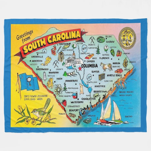 Vintage South Carolina Map Postcard Fleece Deken (Voorkant (Horizontaal))