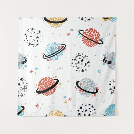 vintage Space Seamless Pattern with Doodle Saturn Wandkleed (Voorkant)
