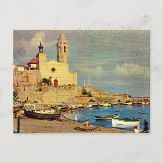 Vintage Spanje, Sitges, kathedraal en waterfront Briefkaart (Voorkant)