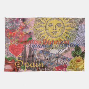 Vintage Spanje Zonneschijn Reis Collage Retro Euro Theedoek