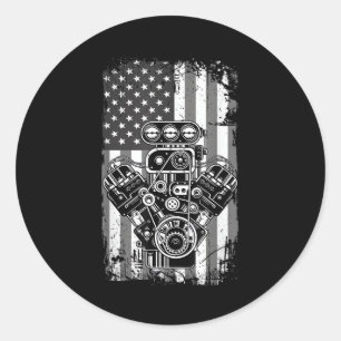Vintage Spierkracht Auto Zuiger Amerikaanse Vlag G Ronde Sticker