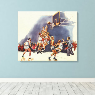 Vintage sport basketbal, spelers in een wedstrijd canvas afdruk