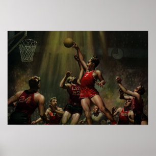 Vintage sport basketbal, spelers in een wedstrijd poster