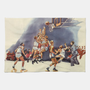 Vintage sport basketbal, spelers in een wedstrijd theedoek