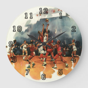 Vintage sport basketbalwedstrijd, basketballers grote klok