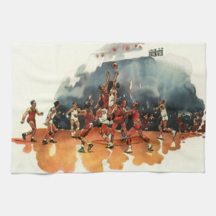 Vintage sport basketbalwedstrijd, basketballers theedoek